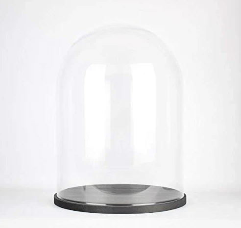 EMH Grande cloche en verre transparent faite à la main avec base en bois noir 30 x 25 cm