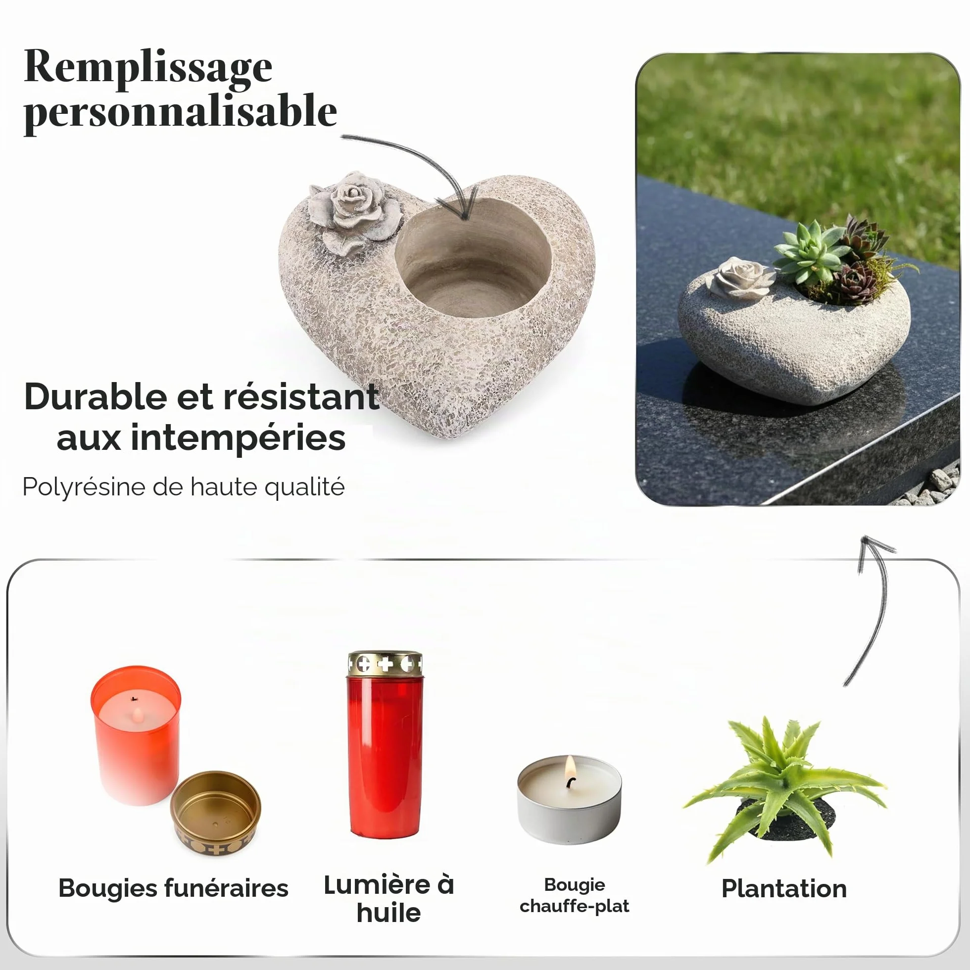Décoration funéraire en forme de cœur rose grise pierre commémorative photophore