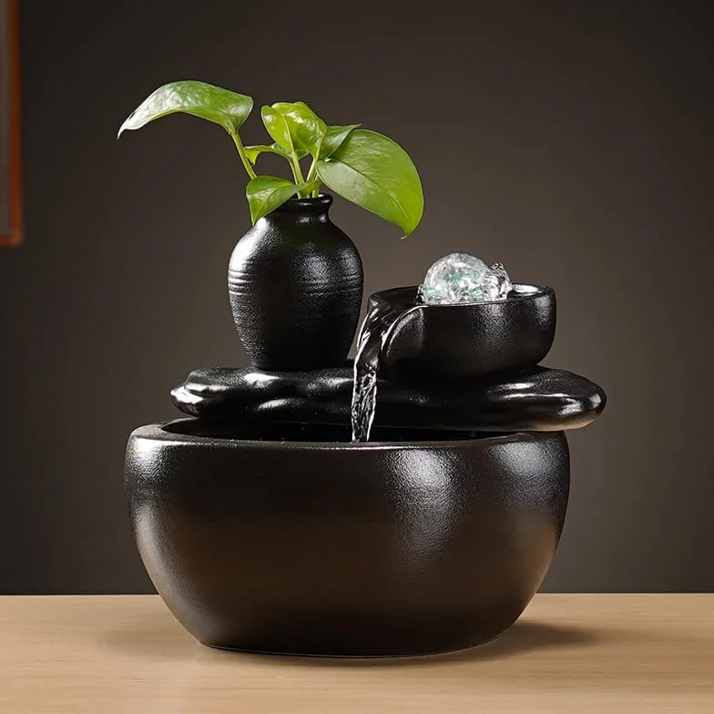 Fontaine à eau en céramique avec humidificateur, décorations d'aquarium, petite fontaine cascade intérieur noir
