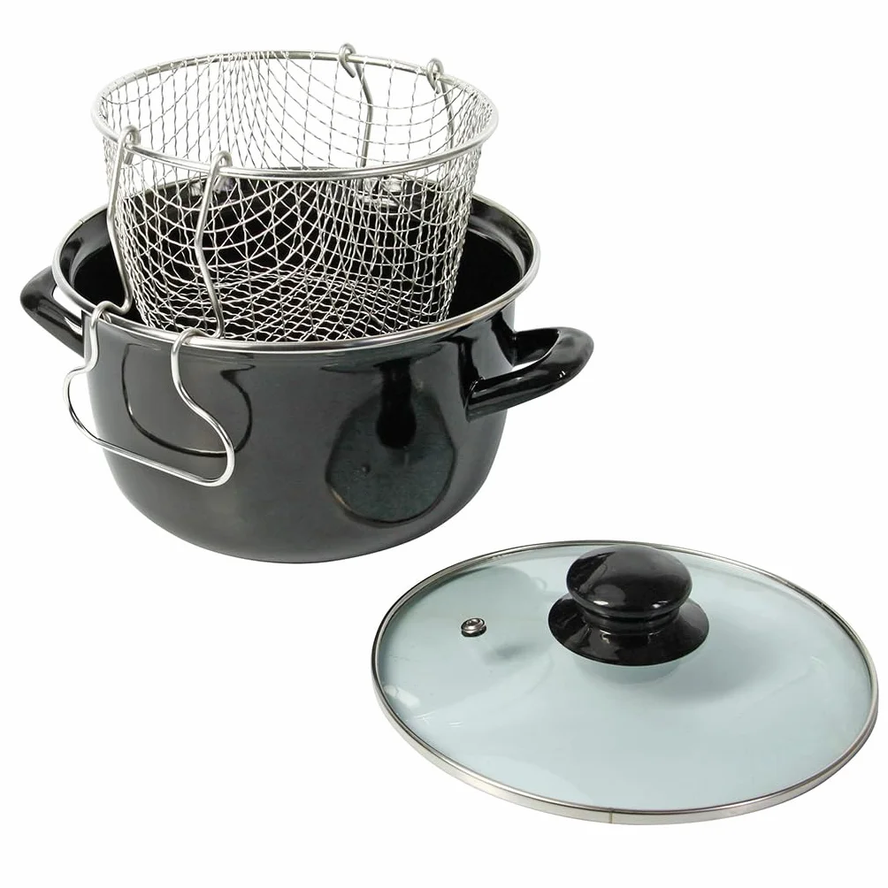 Crealys Friteuse Traditionnelle Ø26 cm Acier Émaillé avec Panier Couvercle Verre Tous Feux Induction