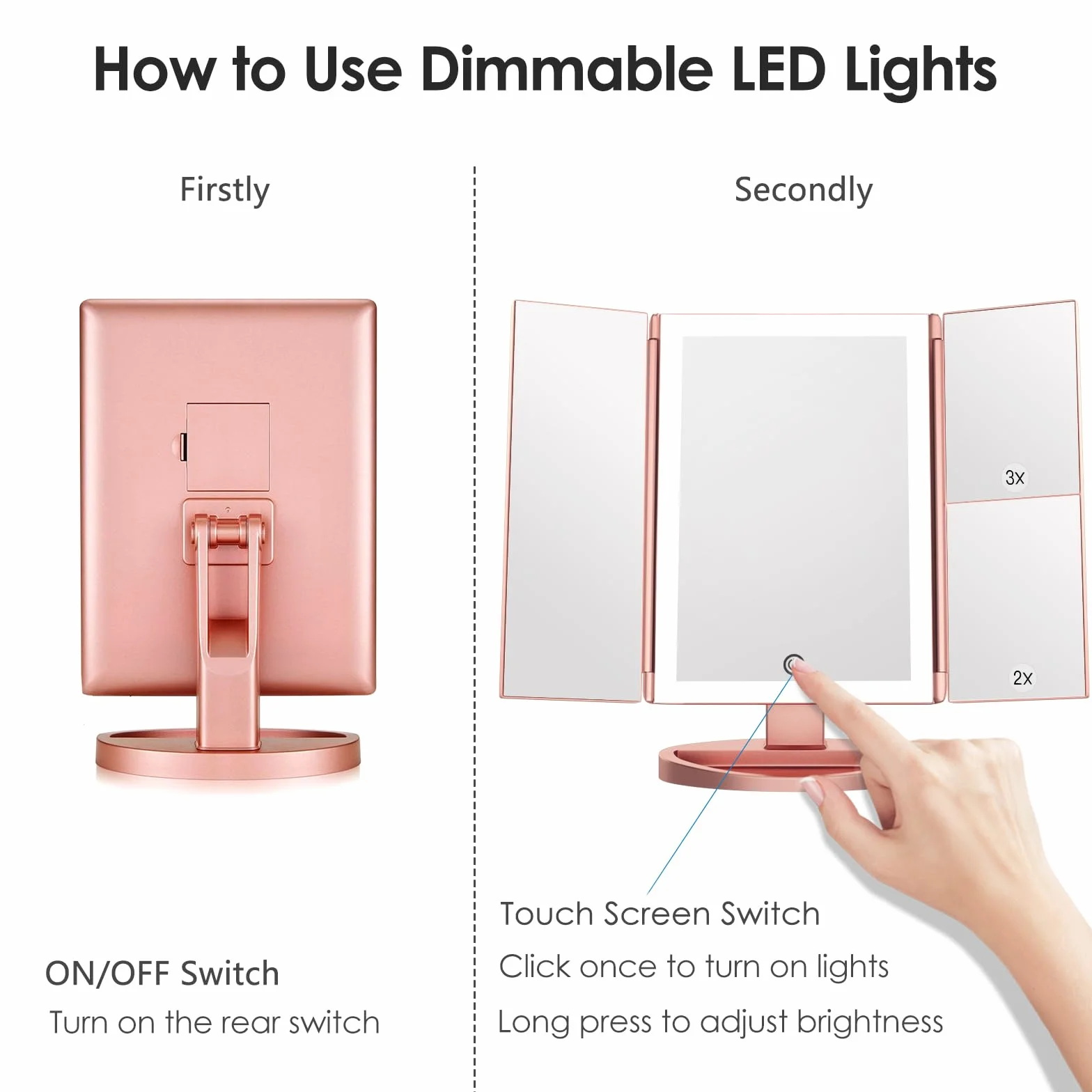 WEILY Miroir Maquillage Grossissant Lumineux LED Pliable 1X/2X/3X Écran Tactile USB Batterie Or Rose