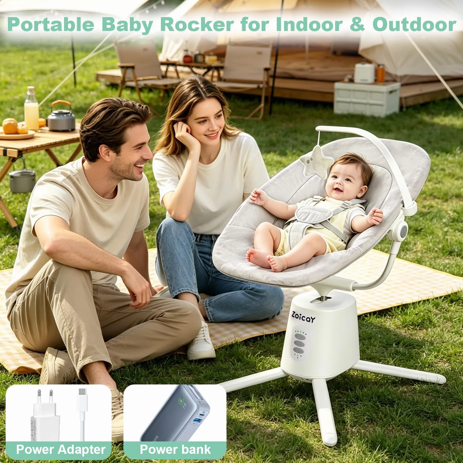 Transat Bébé Électrique Zoicay Balancelle 3 Modes Inclinaison Réglable Bluetooth Télécommande Blanc