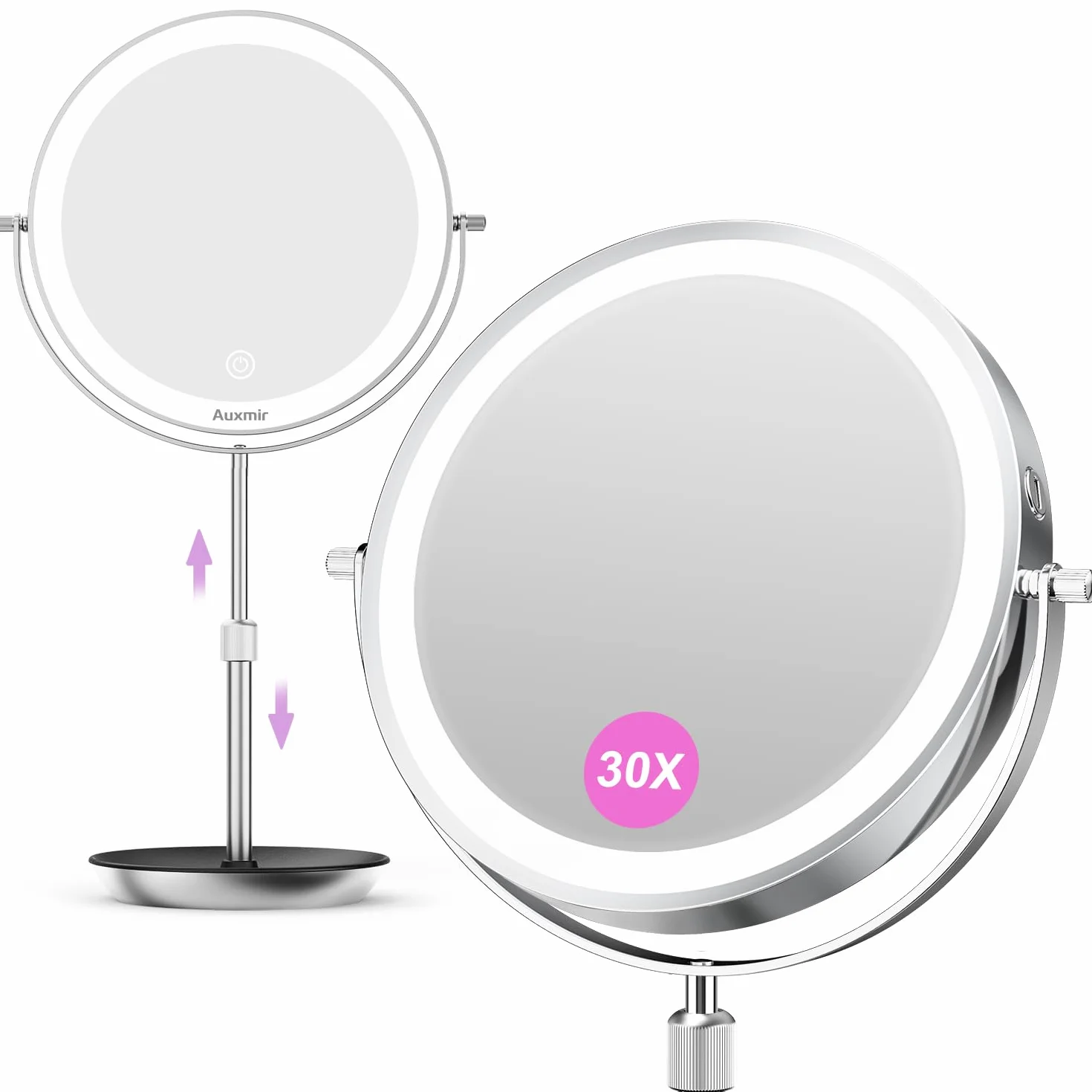 Auxmir Miroir Grossissant Lumineux 1X/30X Double Face, Miroir de Maquillage Réglable 38-47 cm, 3000mAh USB, 3 Couleurs, Rotation 360°
