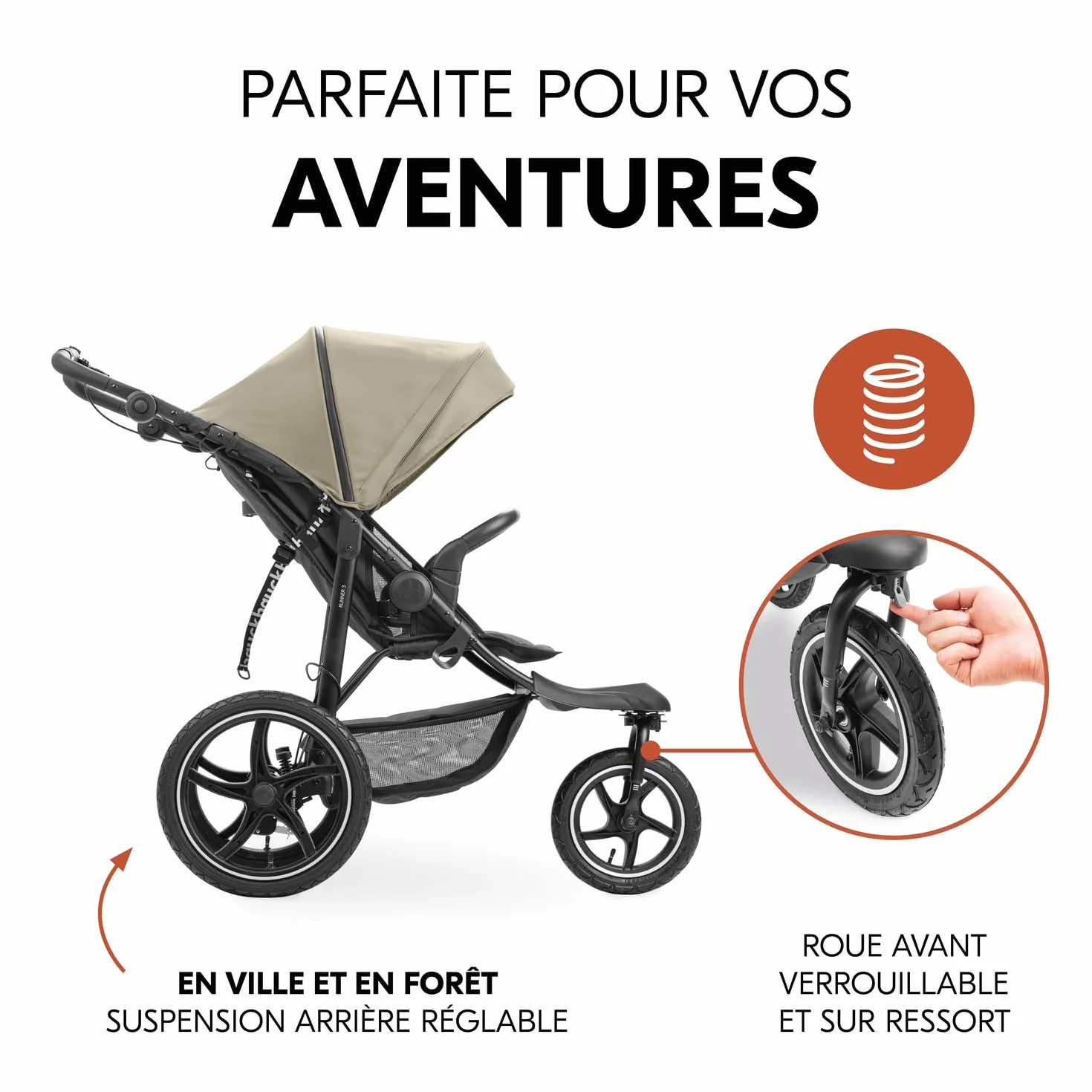 Hauck Runner 3 Olive Poussette 3 Roues Bébé Grandes Roues Air Suspension Frein à Main Canopy XL Fenêtre Maille Panier Couvercle Inclinable Porte-Gobelet 22 kg