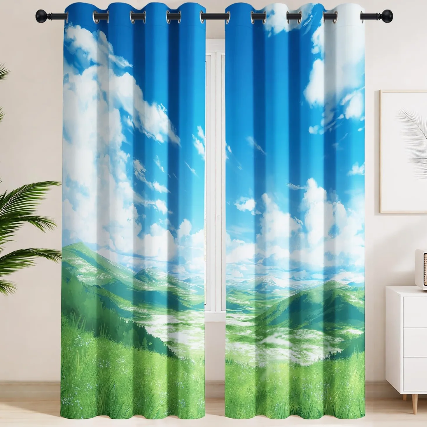 Rideaux Occultants Esthétique Couleurs Douces, Paisible 140L X 180H cm Ciel Bleu, Collines, Nuages duveteux – Isolation Thermique et Protection de l'Intimité, 2 Panneaux pour Chambre d'Enfant