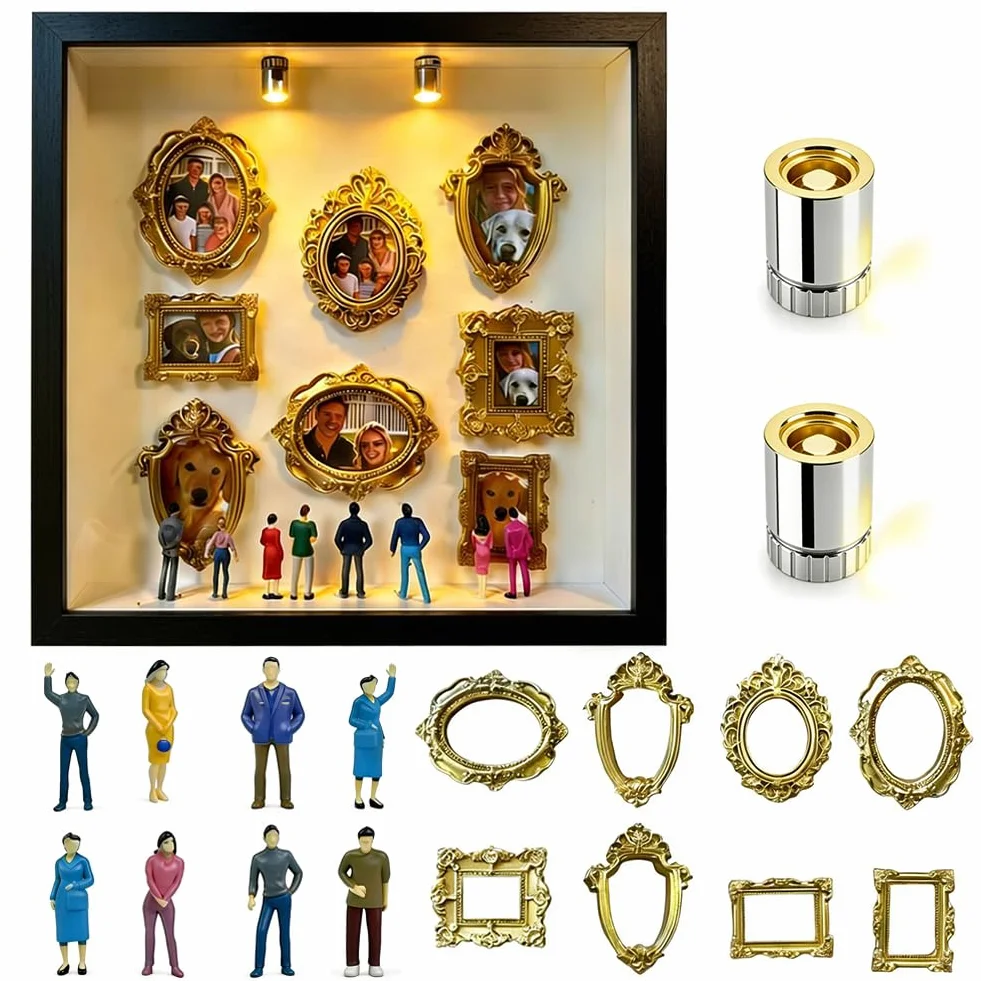 Boîte à Silhouettes pour Mini-Musée à Fabriquer Soi-Même, Boîte Silhouette de Musée Mode, DIY Mini Cadre Doré avec Mini Figurines, Vitrine de Mémoire Photo, Décoration de la Maison Cadeau Miniature (Noir)