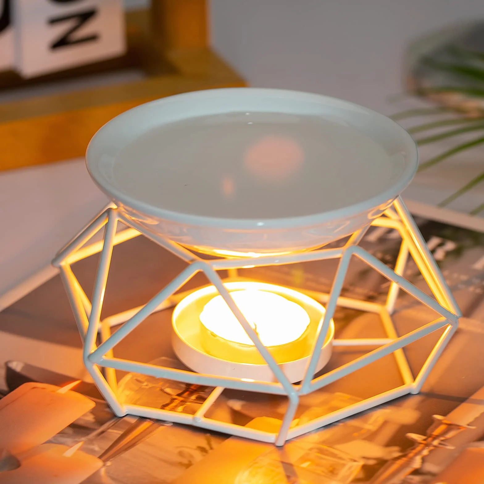 Lampe à Bougie Parfumée Métal Support Bougie Chauffe-Plat Blanc