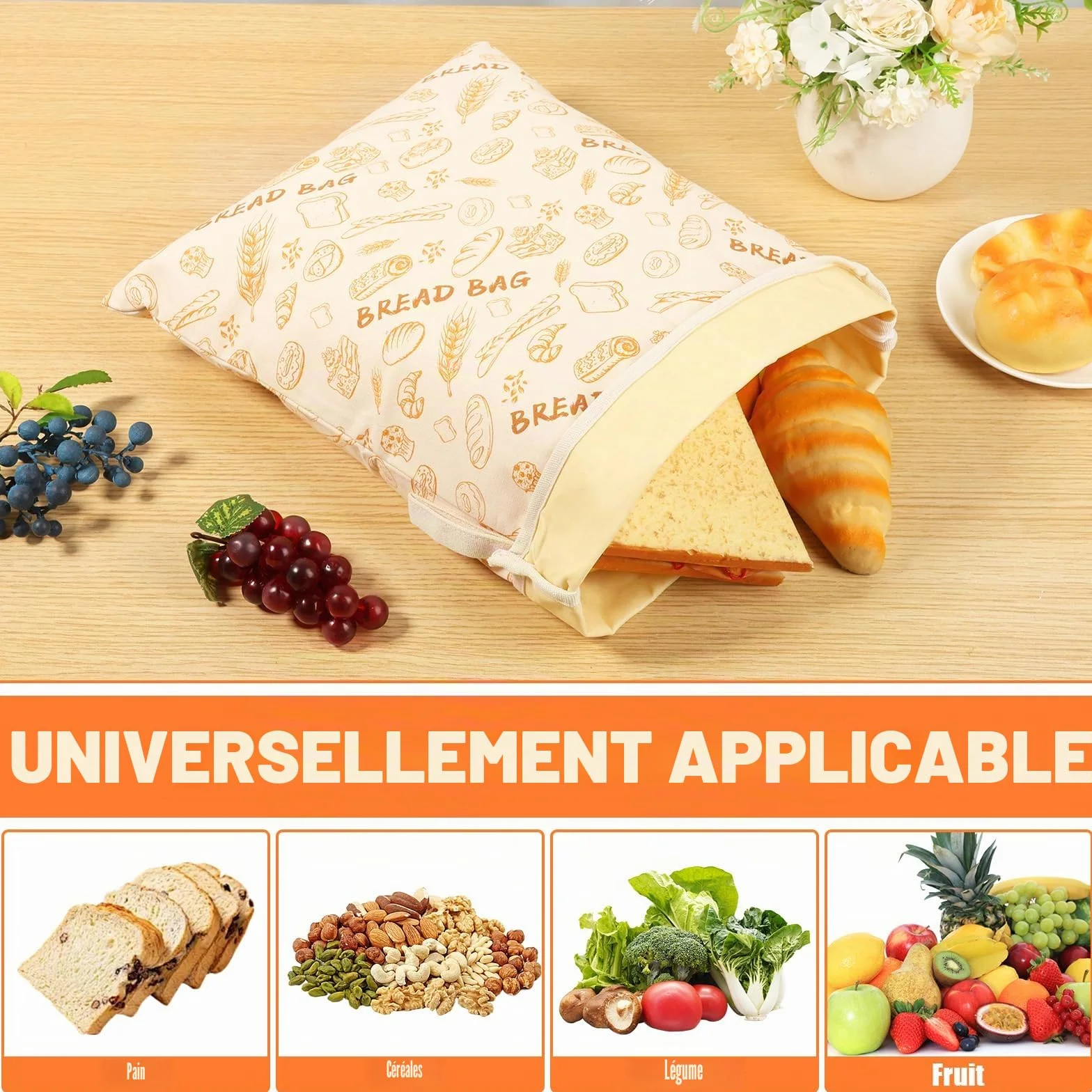 Sacs à pain en cire d'abeille réutilisables 43×33 cm avec fermeture éclair, lot de 2