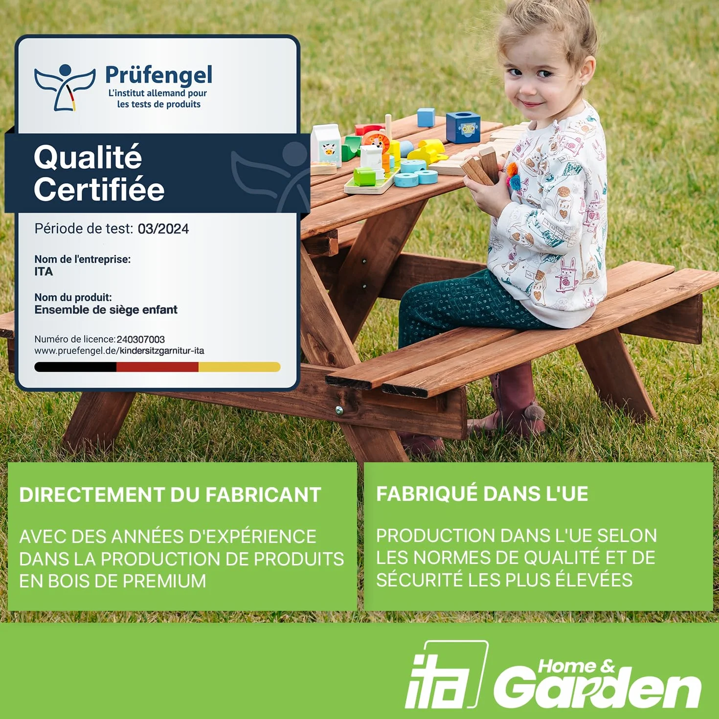 Table de Pique-Nique pour Enfants en Bois avec 2 Bancs, Ensemble FSC, Marron