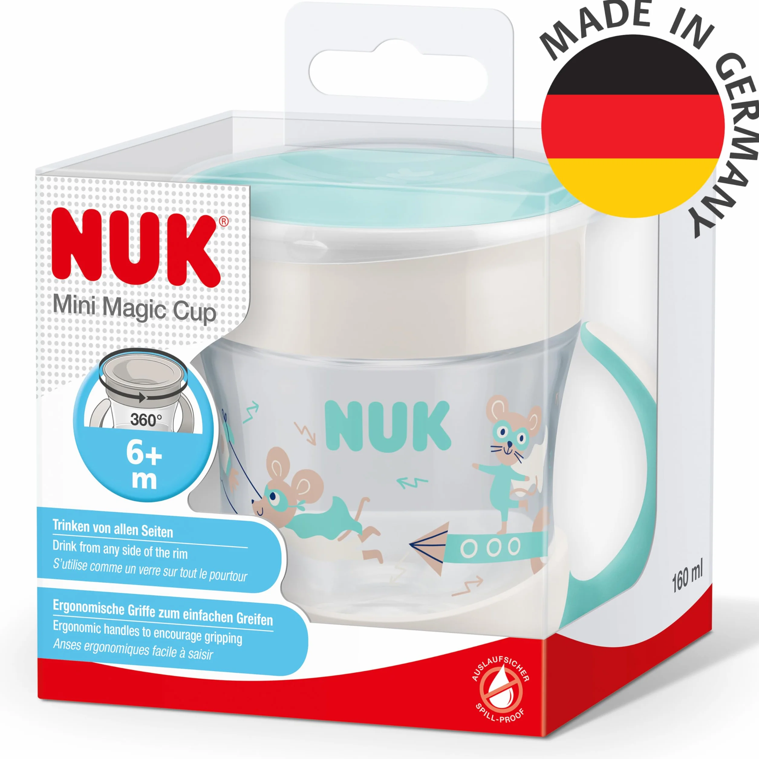 NUK Magic Cup Tasse d’Apprentissage 160 ml Turquoise (souris) - Rebord antifuite 360° Poignées ergonomiques 6+ mois