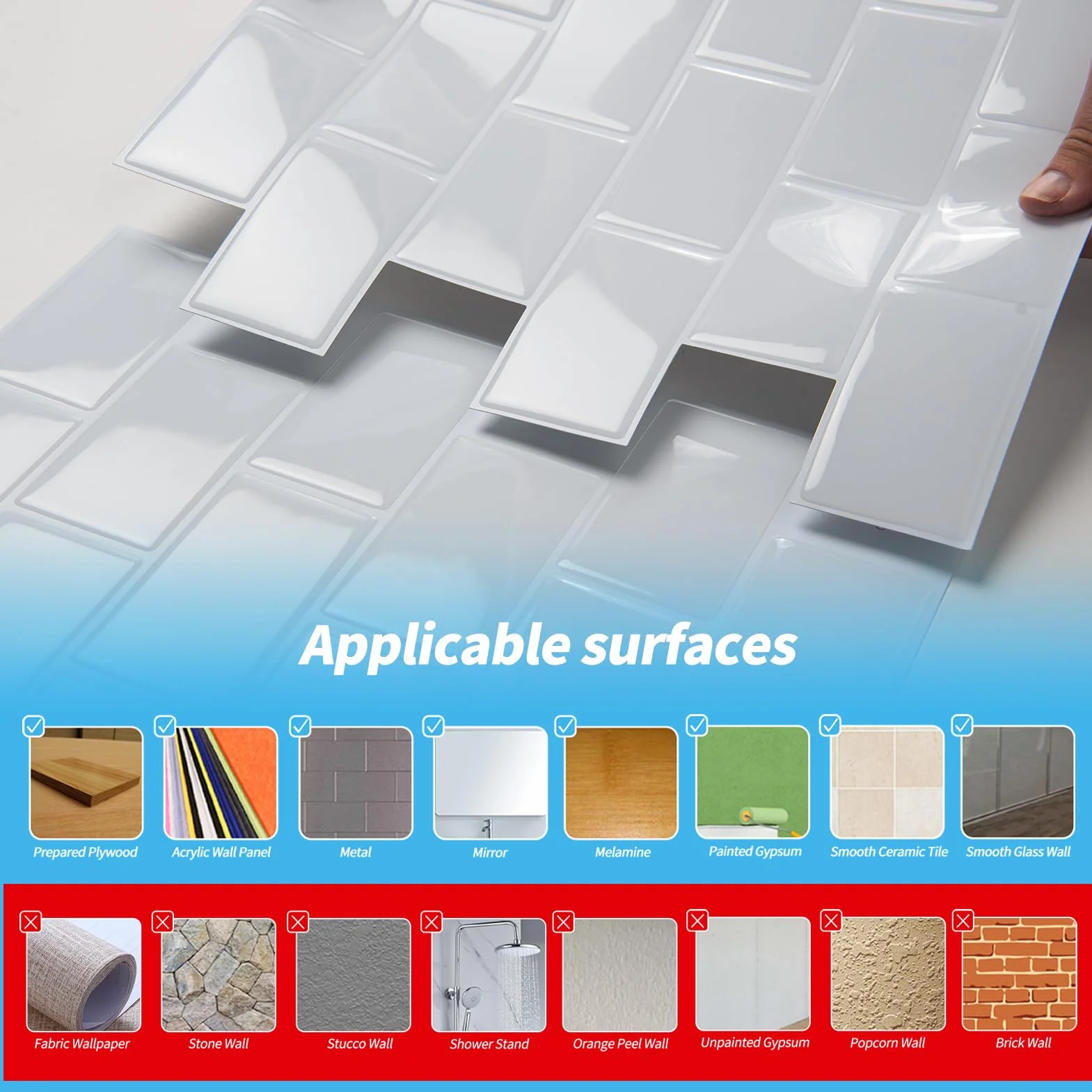 Autocollants pour carrelage mural Art3d Blanc Motif métro Lot de 10