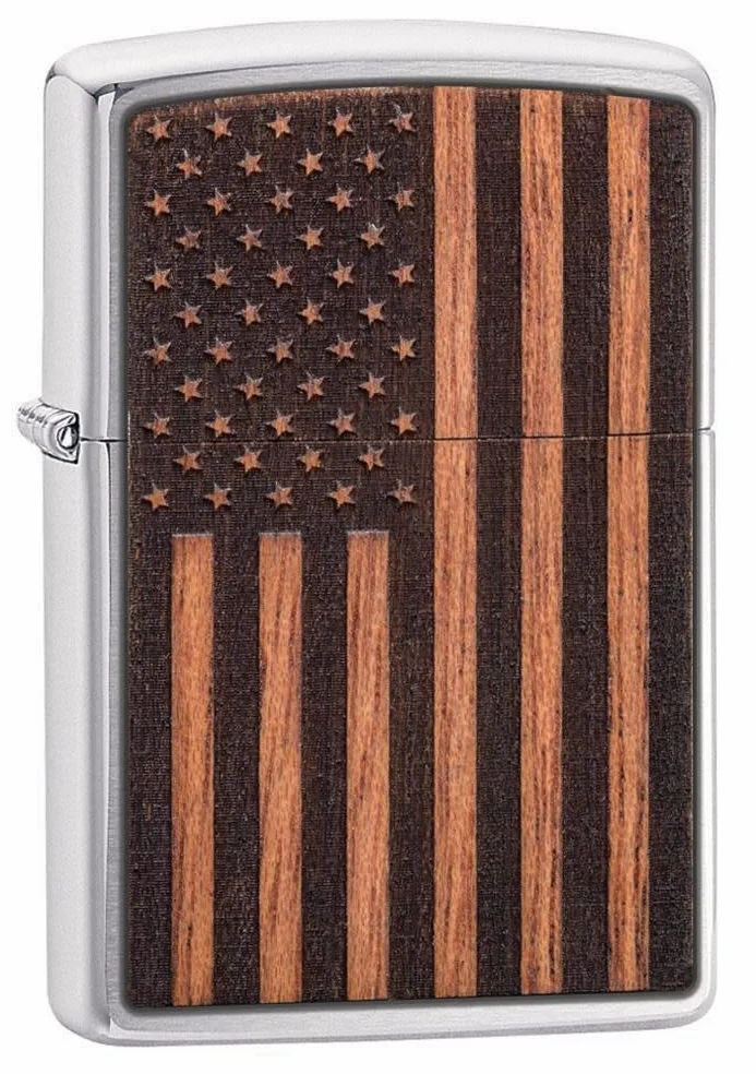 Zippo Briquet tempête – Drapeau américain Woodchuck, Chrome brossé, emblème en Acajou – Rechargeable – Réutilisable – Design Coupe-Vent – Boîte Cadeau – Fabriqué aux États-Unis