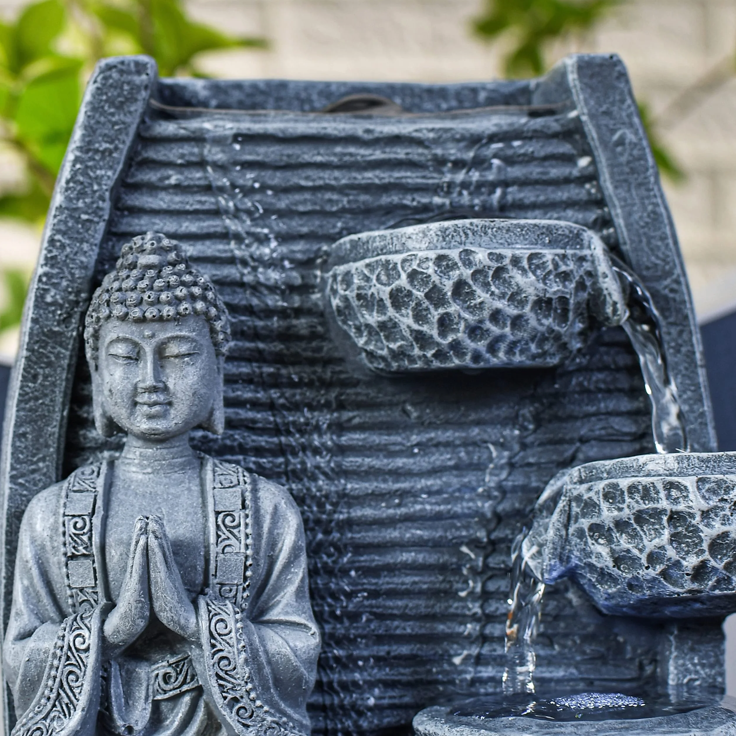Fontaine d'Intérieur Mur d'Eau Cascade Statue Bouddha Amovible Lumière LED Blanc Circuit fermé H 26cm Décoration Zen Sagesse Zen'Light