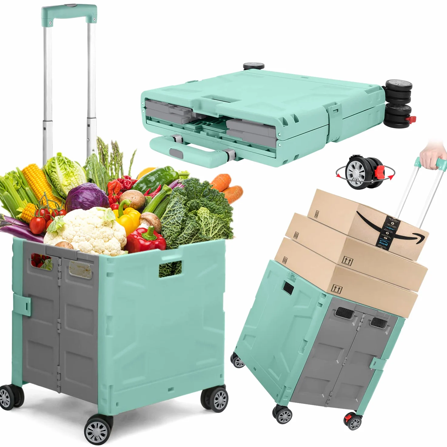 Chariot De Courses Pliable sur 4 Roues, Chariot De Rangement avec Poignée Télescopique Réglable, Chariot Portable Robuste De 50 Kg avec Couvercle pour Le Shopping/Camping - Vert/Gris