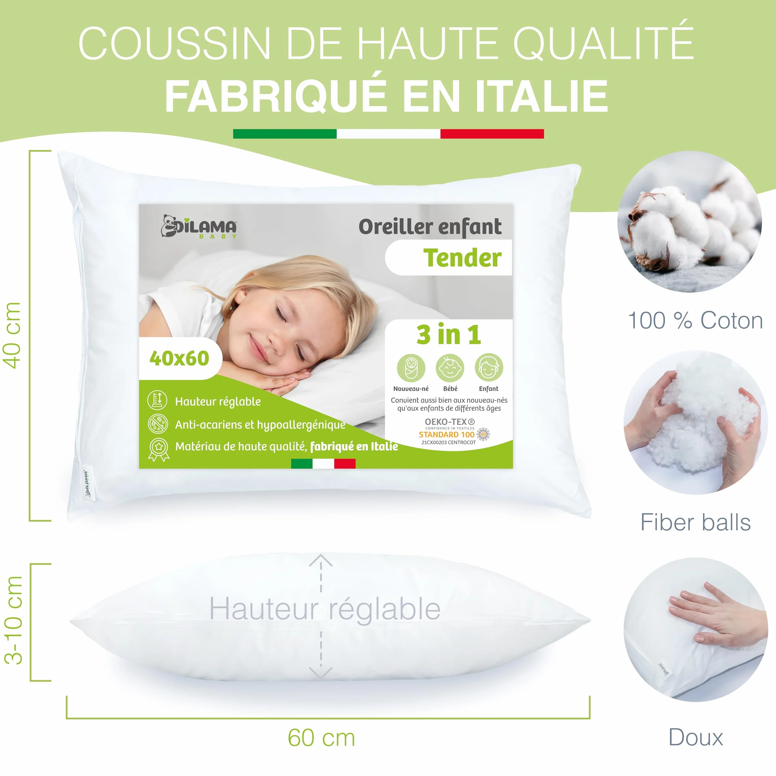 Coussin Enfant Évolutif Hauteur Réglable 40x60 Moelleux Hypoallergénique Anti Acarien Oeko-TEX Made in Italy