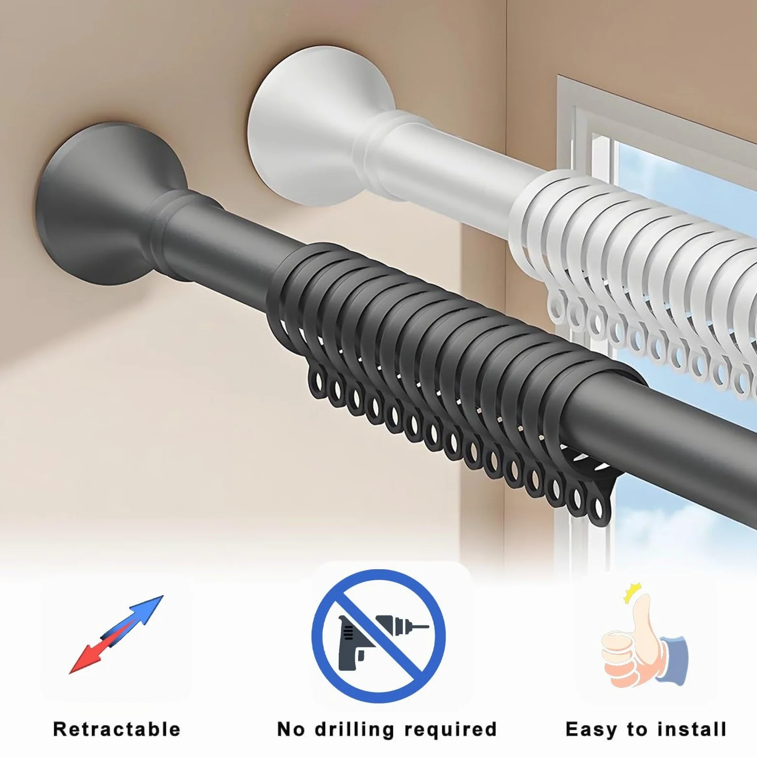 Tringle à rideaux extensible réglable de 200 à 500 cm, pour rideaux de douche et voilage, tringles à rideaux télescopiques en gris (110-190 cm) – Solution polyvalente et peu encombrante