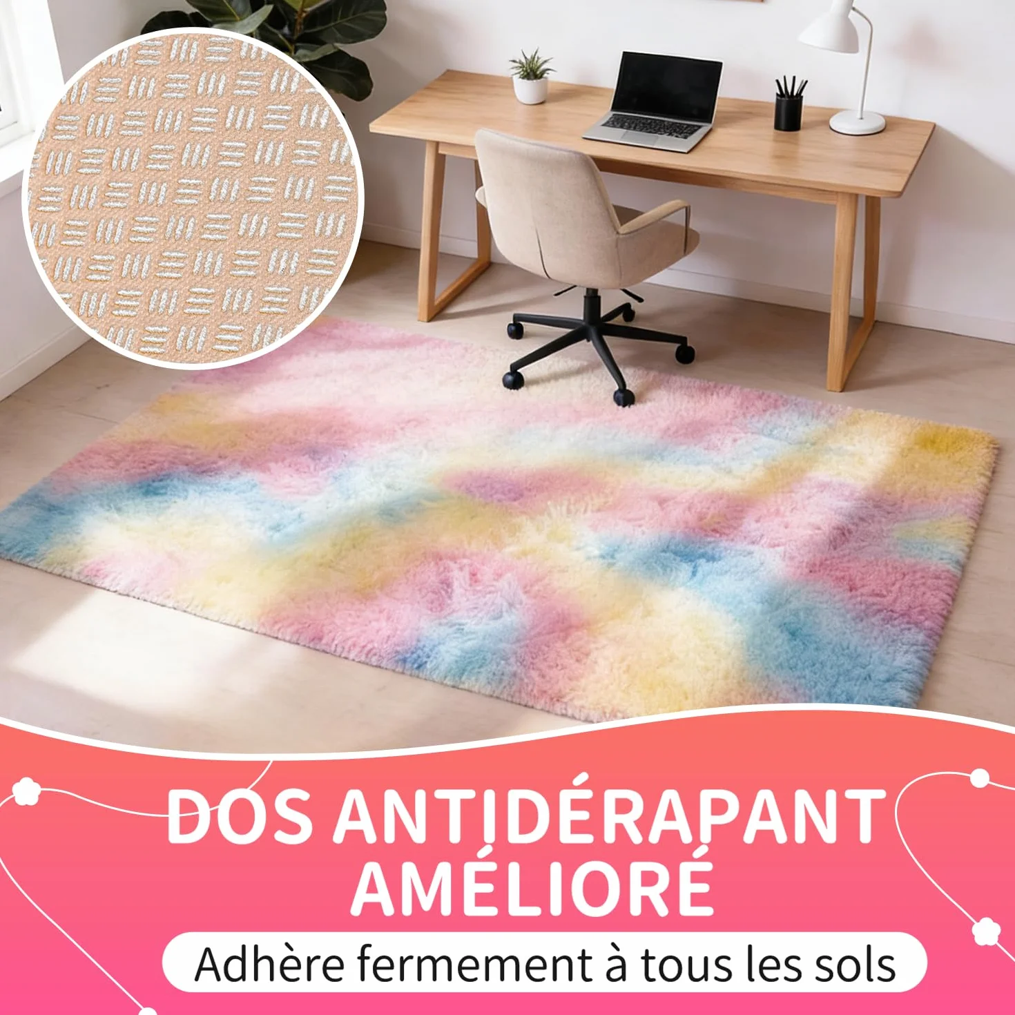 Tapis Rond 120 CM Arc-en-Ciel Lavable Antidérapant Ultra-Doux Fille Chambre