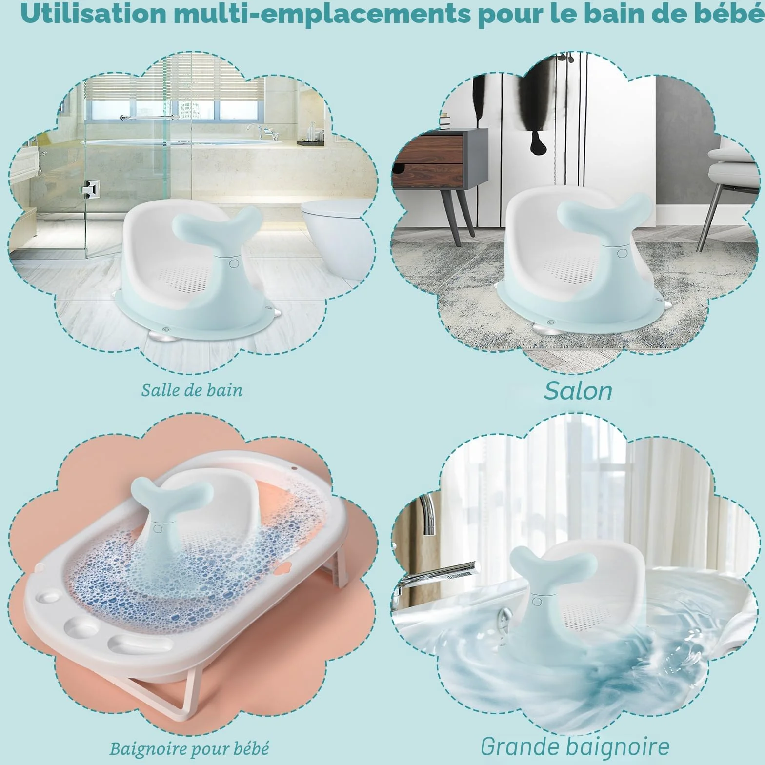 Chaise de Douche pour bébé, forme baleine, coussin silicone respirant, dossier ergonomique, 4 ventouses antidérapantes, 6 mois+ (vert)