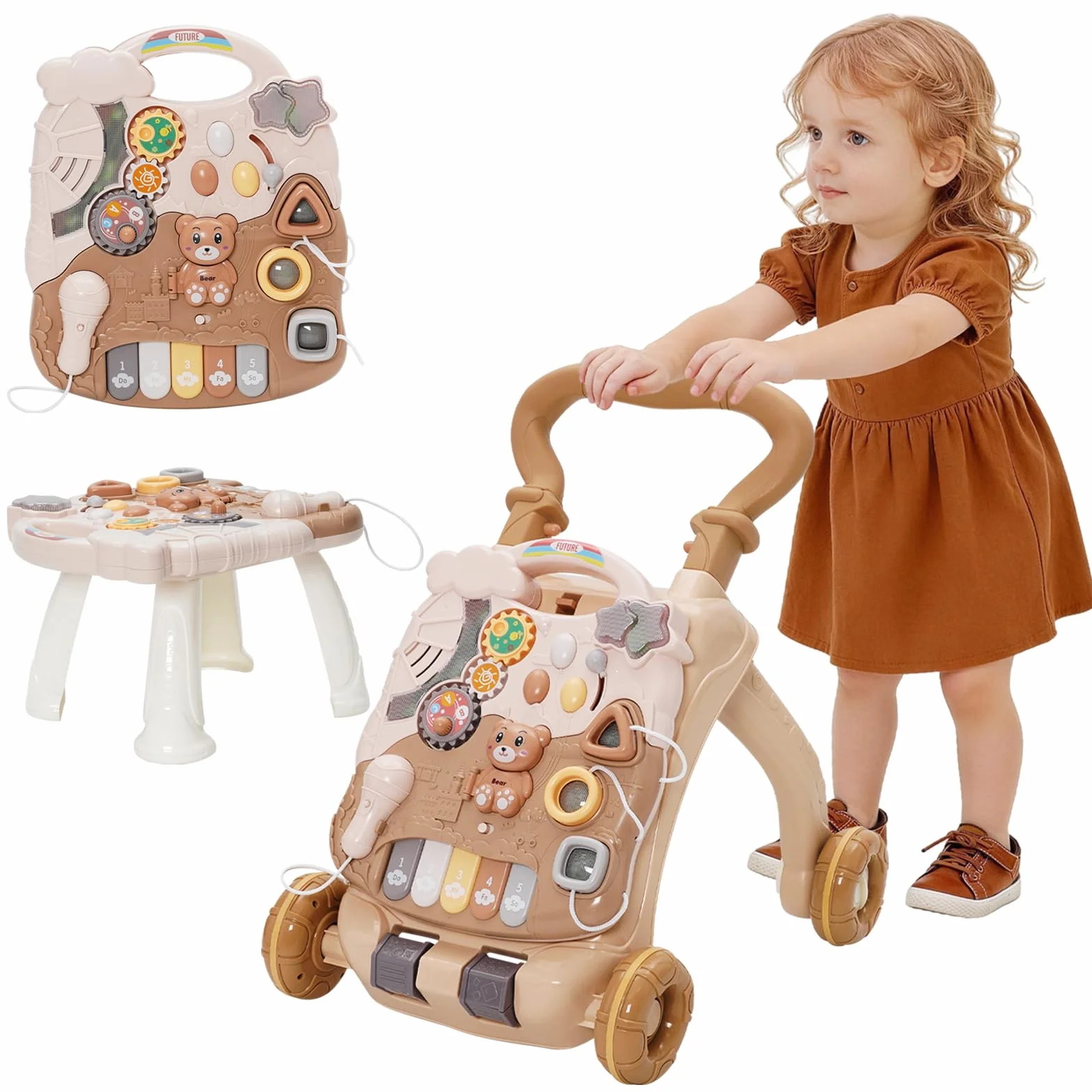 Trotteur Bébé 3 en 1 avec Musique, Marche Détachable Vitesse Réglable, Table Activité d'éveil pour Enfants 12+ Mois