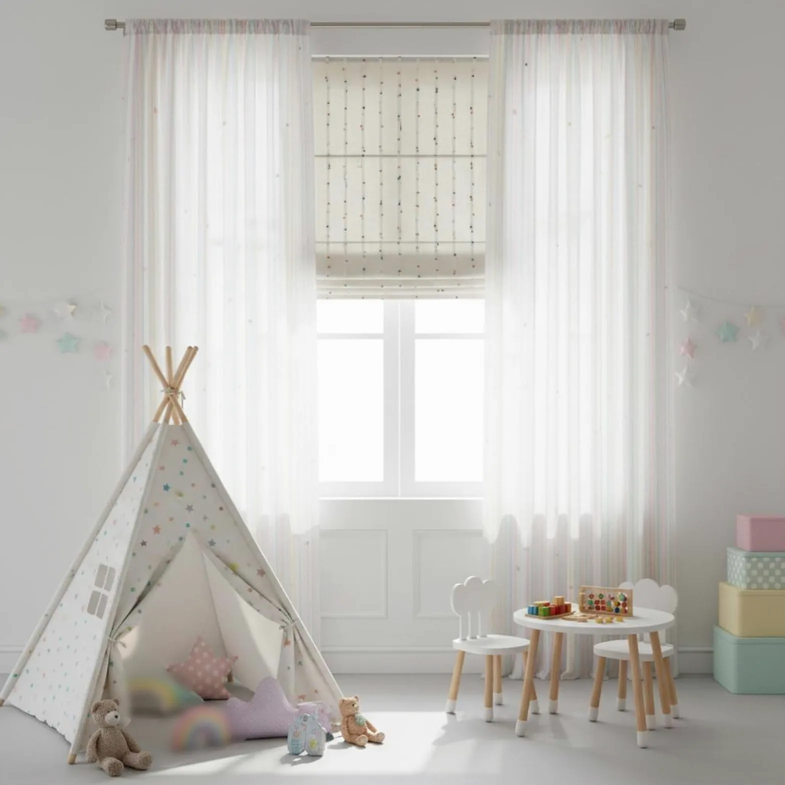 Store Bateau Occultant Rideau Enfant Voilage Tentures à Pompons Tissu Lin Aspect Polyester Jacquard Atténue la Lumière et Préserve l'Intimité Adapté à, Tissu À Pois Colorés