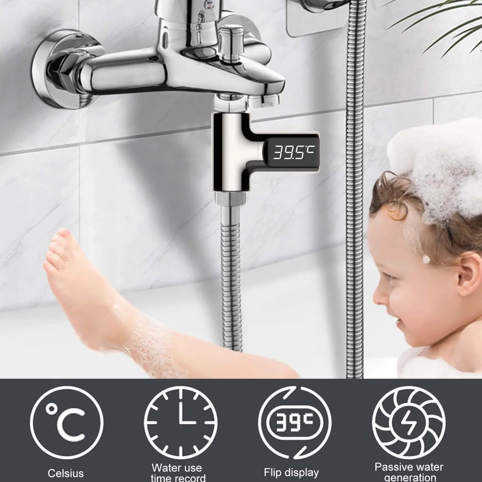 Thermomètre de bain numérique 5-85°C écran rotatif 360° débit d'eau en temps réel