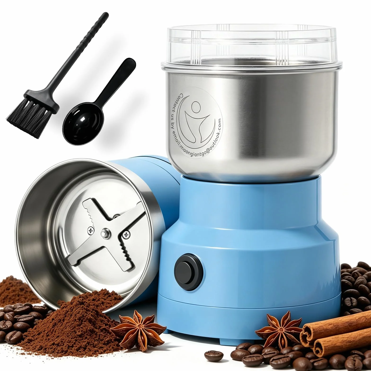 Moongiantgo Moulin à Céréales Multifonctionnel 150W 14500rpm, Moulin à Café Ultra-Fin 300ml, Acier Inoxydable, Broyeur Électrique Portable (Bleu)