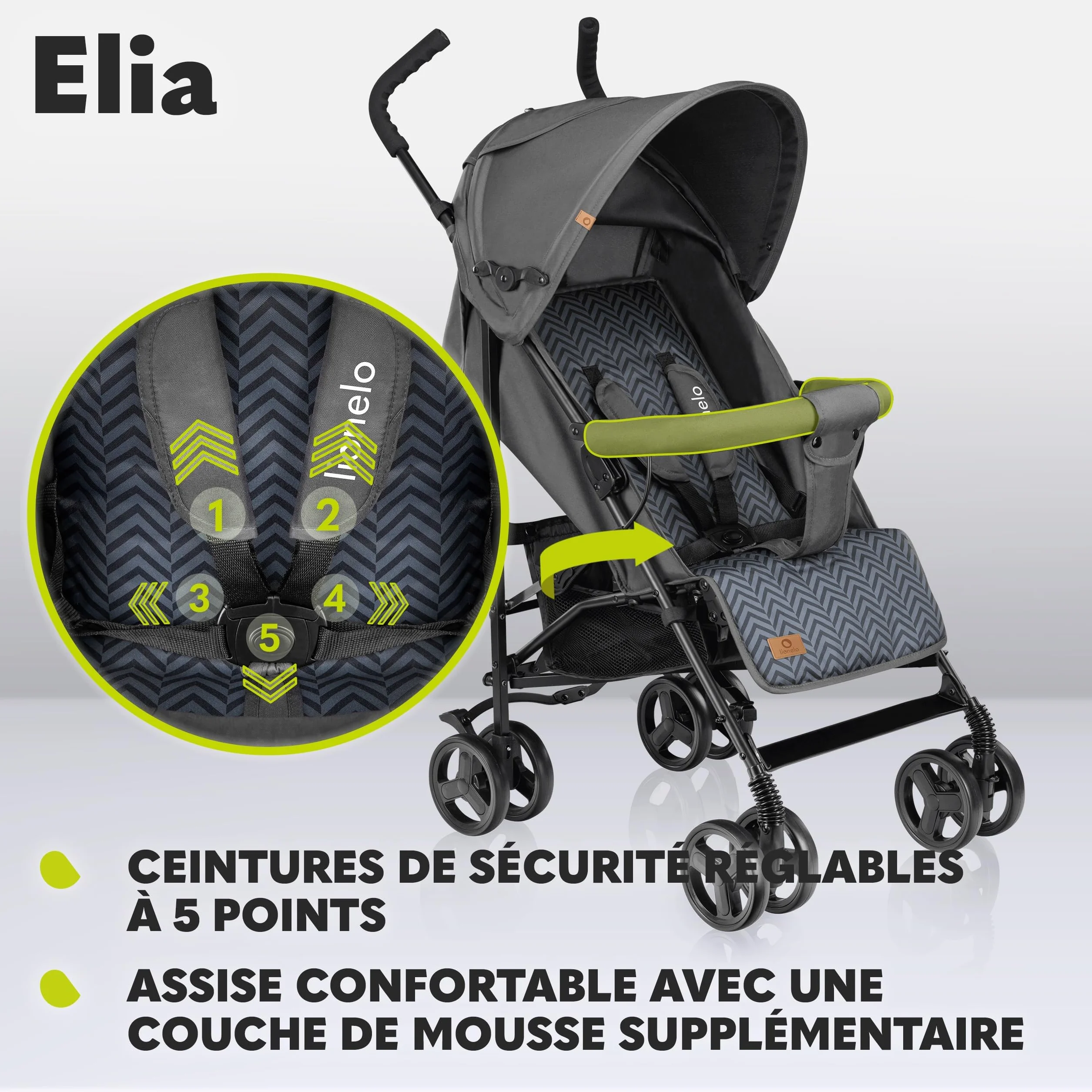 LIONELO Elia poussette canne 15 kg réglage dossier position couchée grand panier pliage rapide moustiquaire