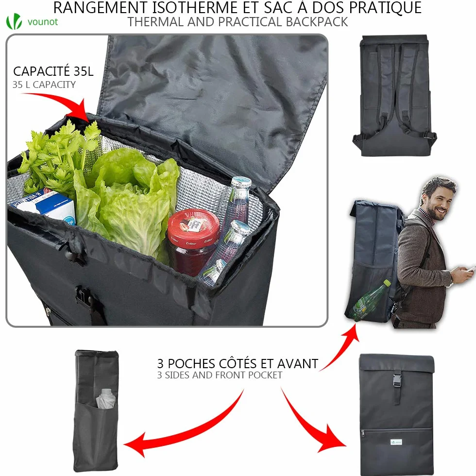 VOUNOT Chariot de Courses Solide Pliable 3 en 1 avec Compartiment Isotherme 6 Roues 35 L Charge Max 30 kg Noir 104 x 45 x 40 cm