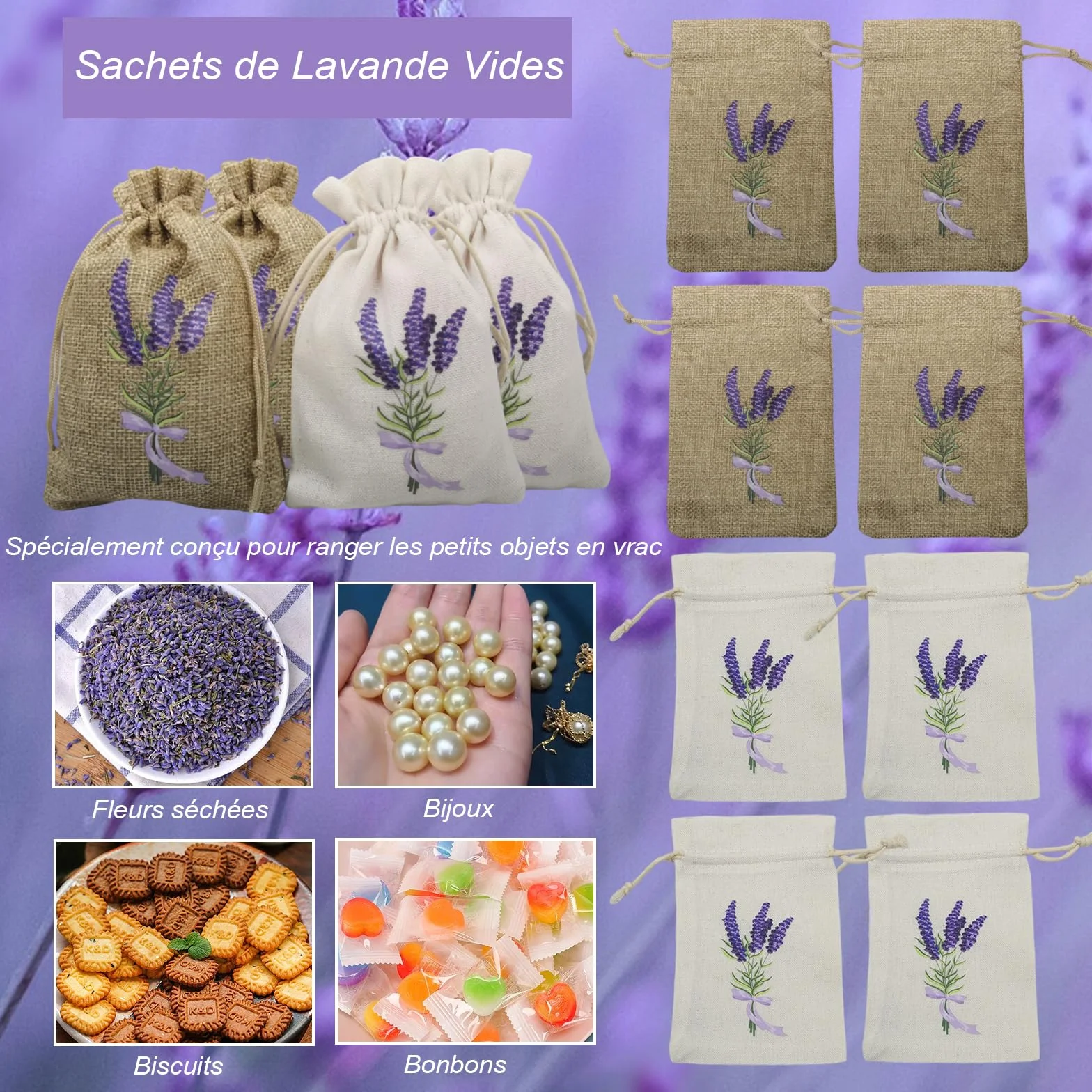 Sachet Vide Lavande avec Cordon de Serrage 18 Pièces pour Bijoux, Épices et Herbes