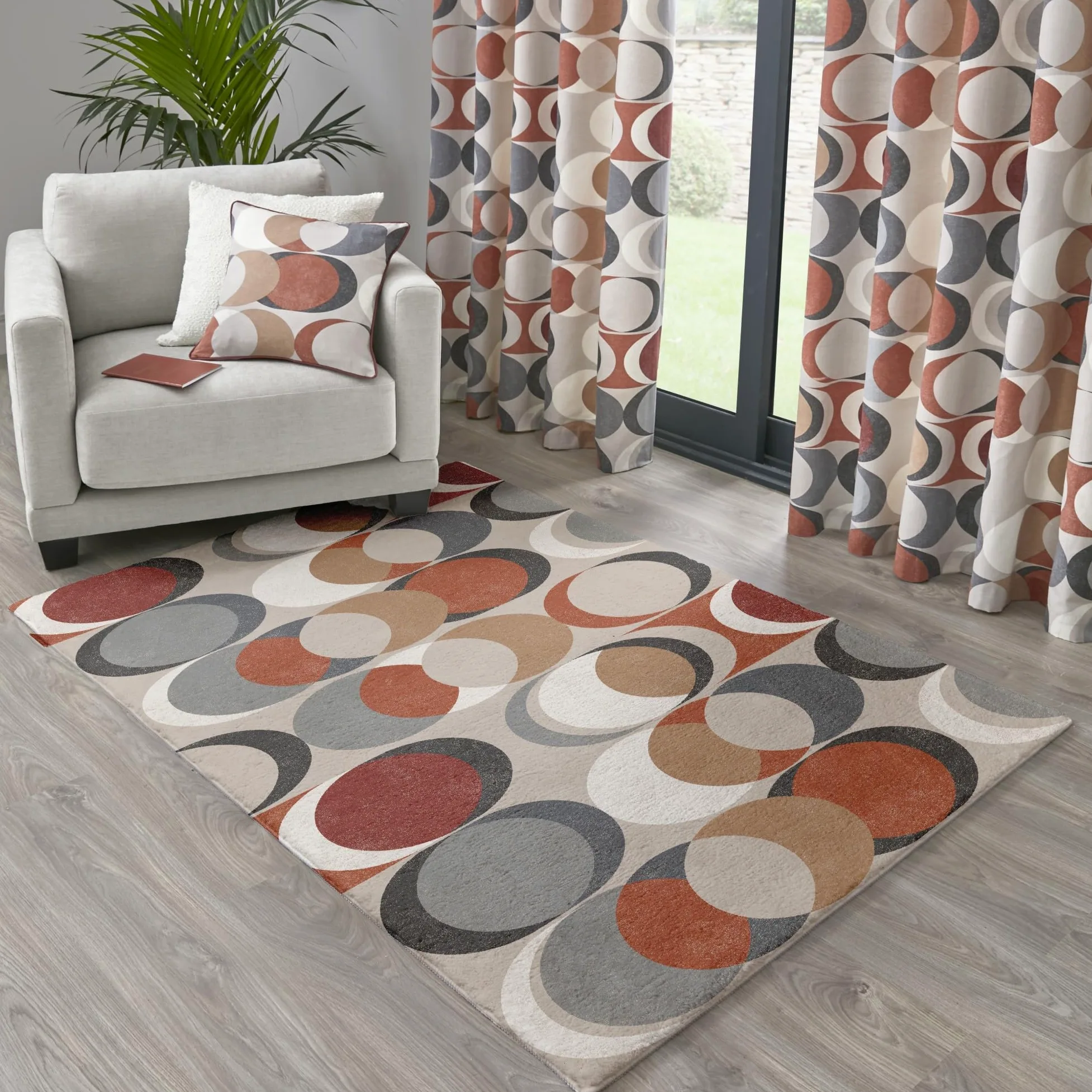 Fusion - Lot de 2 Rideaux 100% Coton - Motif Cercles vectoriels rétro - Motif Cercles géométriques - Terre Cuite - 168 x 183 cm - pour Chambre à Coucher et Salon