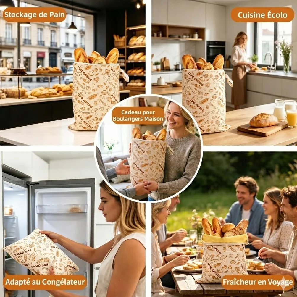 Lot de 2 Sacs à Pain en Cire d'Abeille 43 x 33 cm avec Fermeture Éclair, Réutilisables pour Conservation du Levain et Baguette