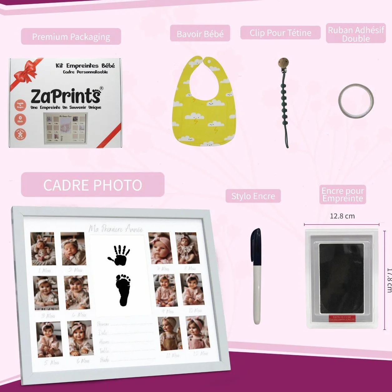 Cadre Photo Souvenir Première Année Bébé 12 Photos Pêle Mêle Kit Empreinte Bébé Cadeau Naissance Personnalisé