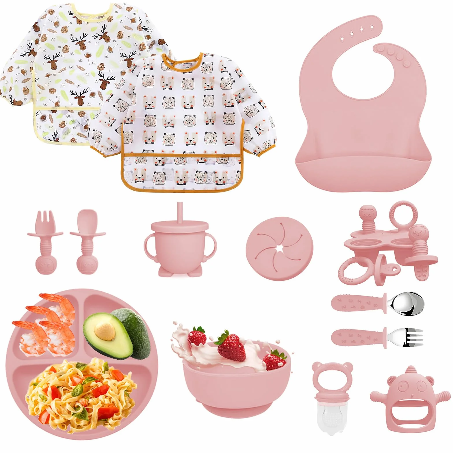 Coffret Repas Bébé 14 pièces Vaisselle Antidérapant Silicone avec Ventouse Assiette Bol Cuillère Bavoir Sans BPA Rose clair