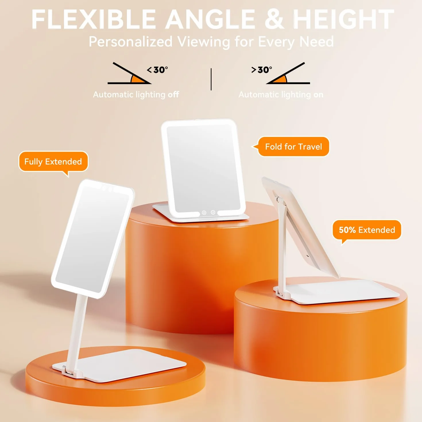 Auxmir Miroir Maquillage Lumineux Rechargeable 72 LED Pliable, Commande Tactile, 3 Couleurs Intensité Réglable Blanc