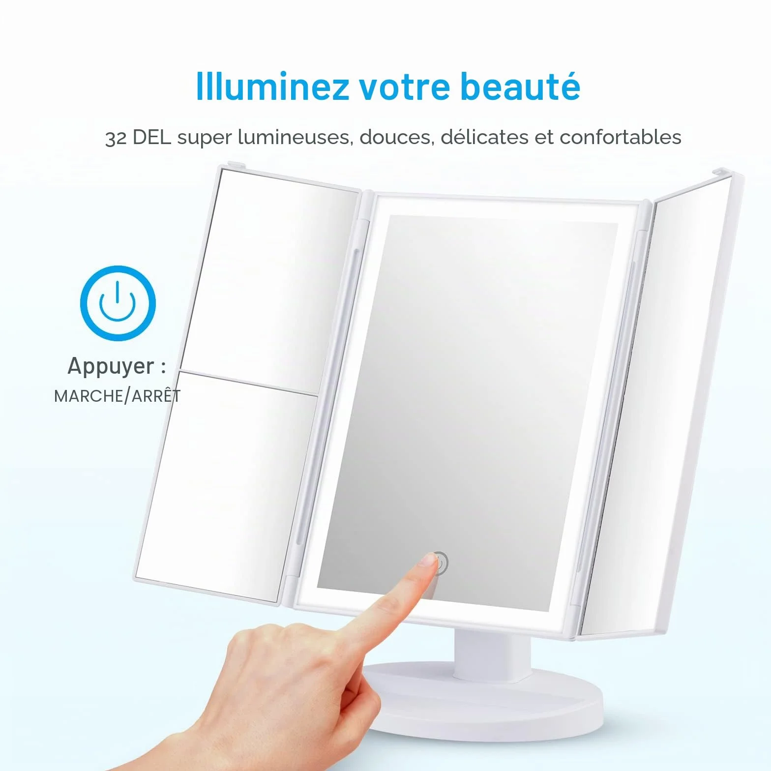 GRIFEMA GF1001W Miroir lumineux grossissant pliable 2X/3X rotation 180° batterie USB blanc
