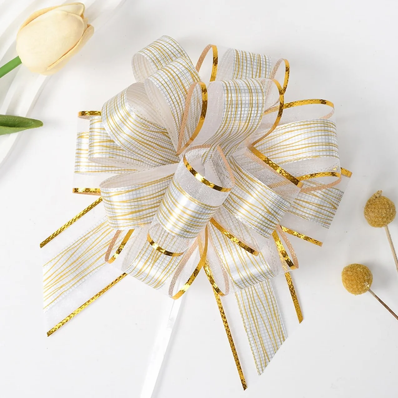 Grands Nœuds à Tirer pour Cadeau 16cm, Organza Nœuds Décoratifs pour Fêtes, Blanc