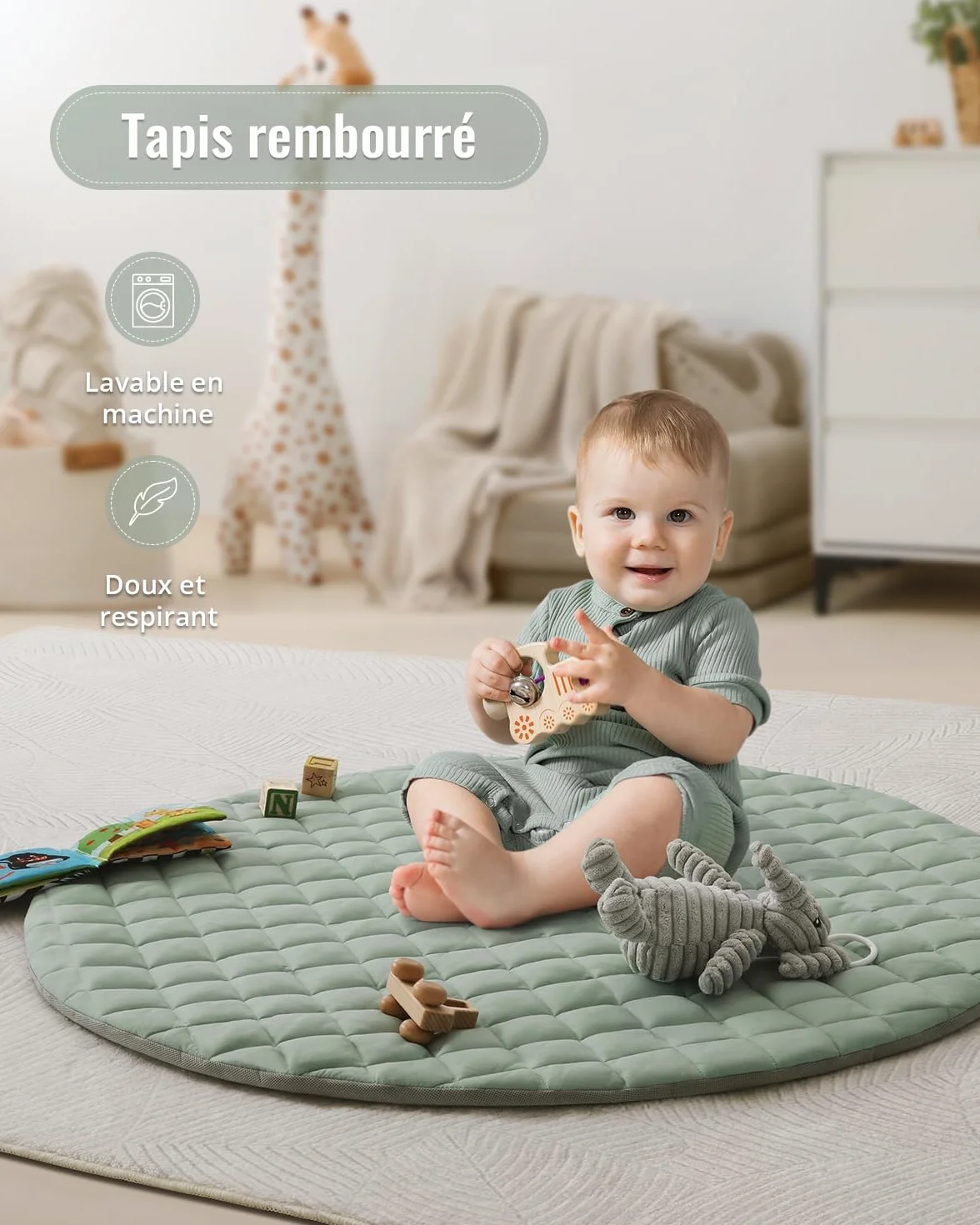 Blissful Diary Tapis d'Éveil Bébé avec Arche Amovible, 6 Jouets Sensoriels et Moteurs, Vert Sauge