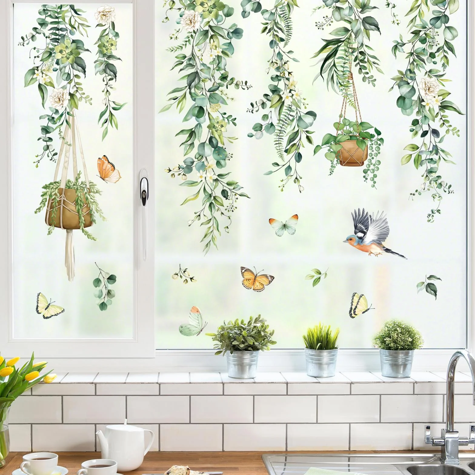 Decalmile Autocollants Fenêtre Anti-Collision Feuilles Verts Plantes Été Vigne Oiseaux