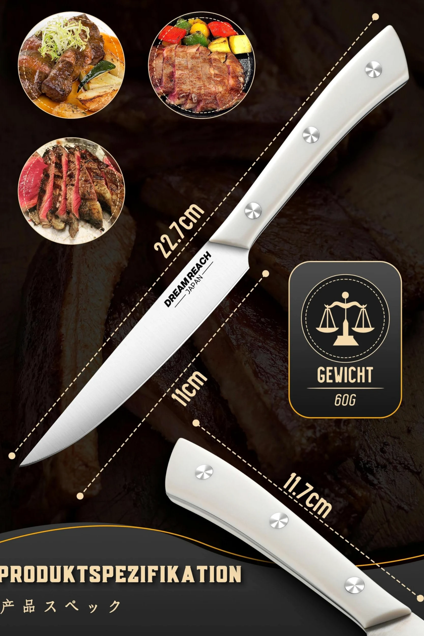 Dream Reach Set de 8 Couteaux à Steak à Lame Droite, Acier Inoxydable Full Tang, Lames Extra Tranchantes, Couverts de Table Professionnels, Lavables au Lave-Vaisselle