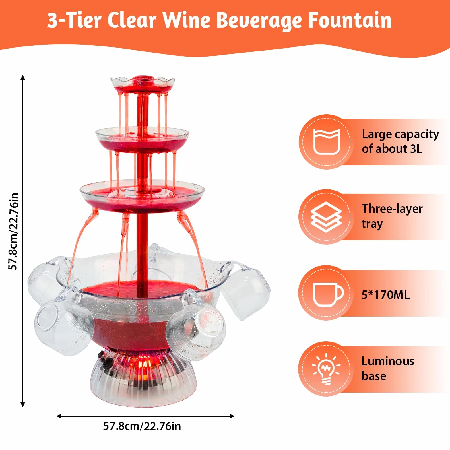 Fontaine à vin rouge 3 niveaux transparente avec 5 tasses, base LED, stable pour fête anniversaire