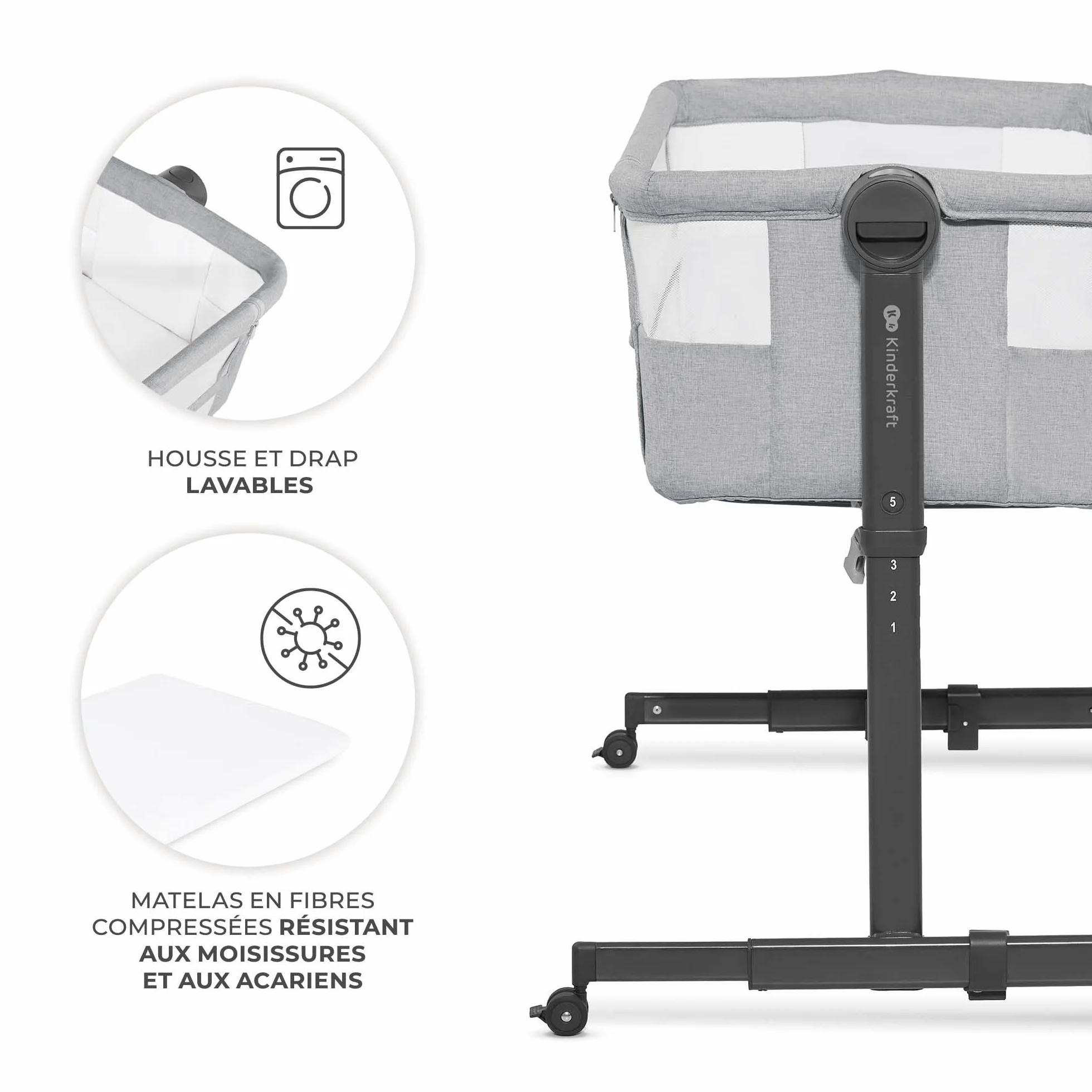 Kinderkraft NESTEE UP 2 Lit bébé cododo avec matelas, réglage hauteur, pieds réglables, gris clair