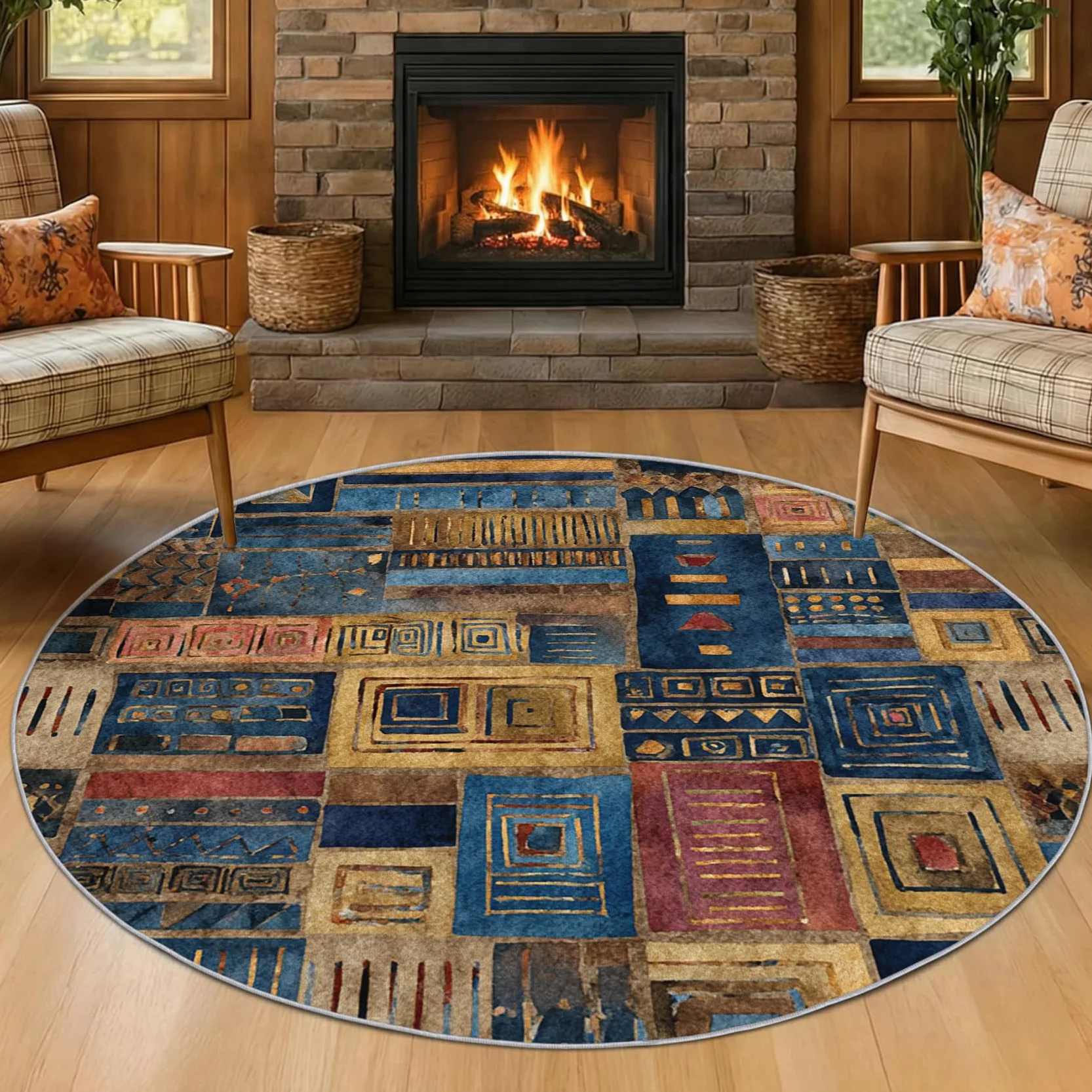 Tapis Rond Marocain Salon Chambre 100 cm de Diamètre | Motif Afrique Bleu Jaune, Antidérapant, Lavable, Poil Ras, Doux Carpet, Decoration, Moquette, Paillassons