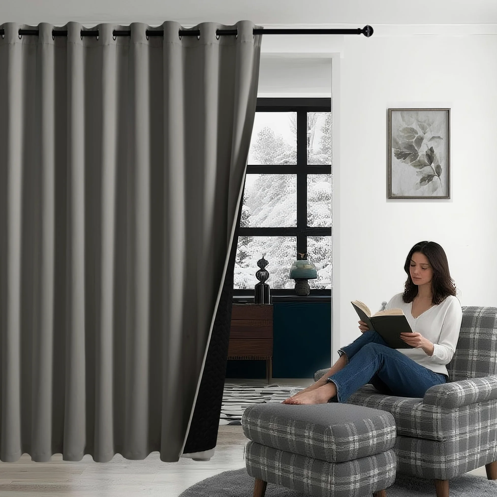 DWCN Rideau Thermiques Isolant Anti Froid et Chaleur 140 x 260 CM,Double 100% Occultant Epais Rideaux de Porte Oeillets, Gris, Lot de 1