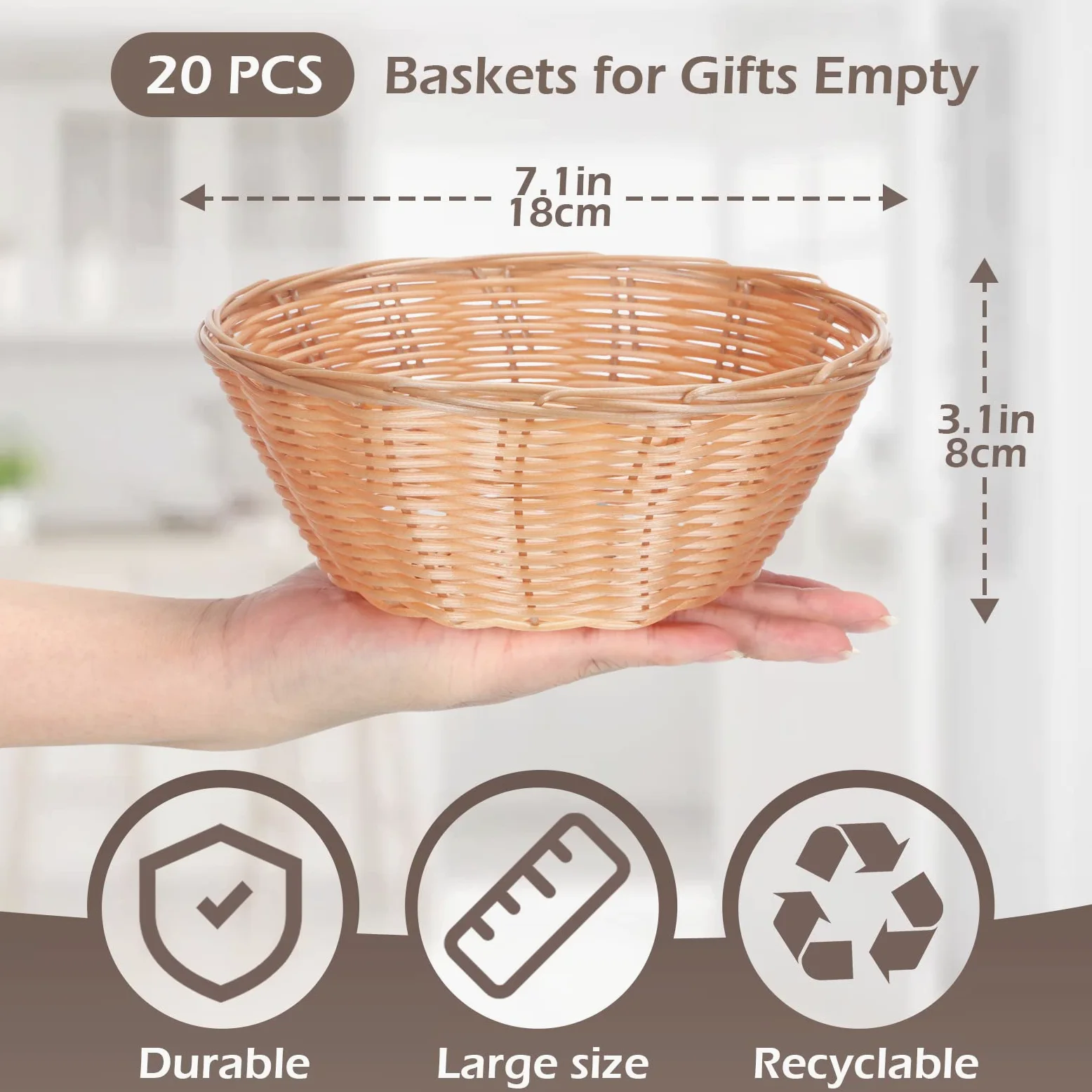Mimorou Lot de 20 paniers ronds en plastique de 17,8 cm - Paniers cadeaux vides en osier - Plateau à pain - Récipient de service pour fête de famille, cuisine, restaurant, centre de table, légumes,