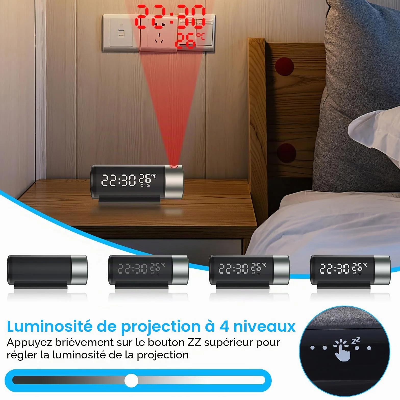 Réveil Projecteur Plafond avec Horloge Digitale 180°, Température, Snooze, Mode Nuit, Affichage 12H/24H