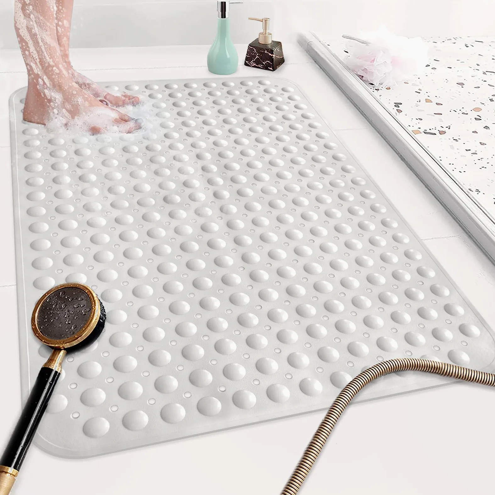 Tapis de douche antidérapant : tapis de douche extra large en TPE pour l'intérieur – Tapis de douche antidérapant mat avec trou de drainage et ventouses pour personnes âgées
