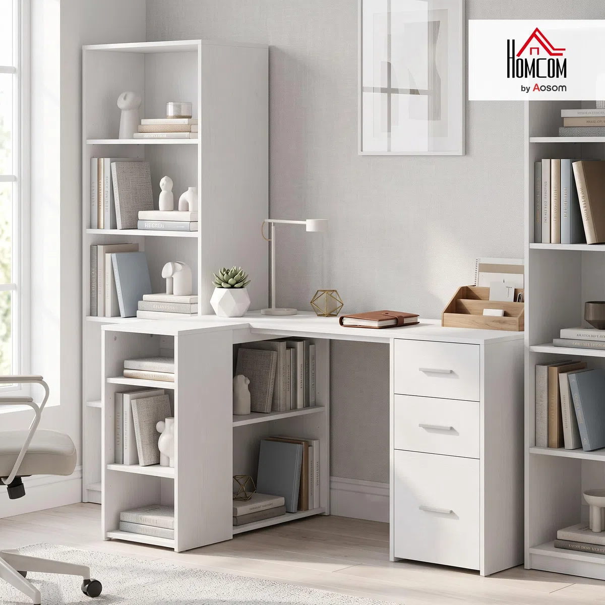 HOMCOM Bureau d'angle 3 Tiroirs Bureau Informatique en L 140x100x75cm Blanc