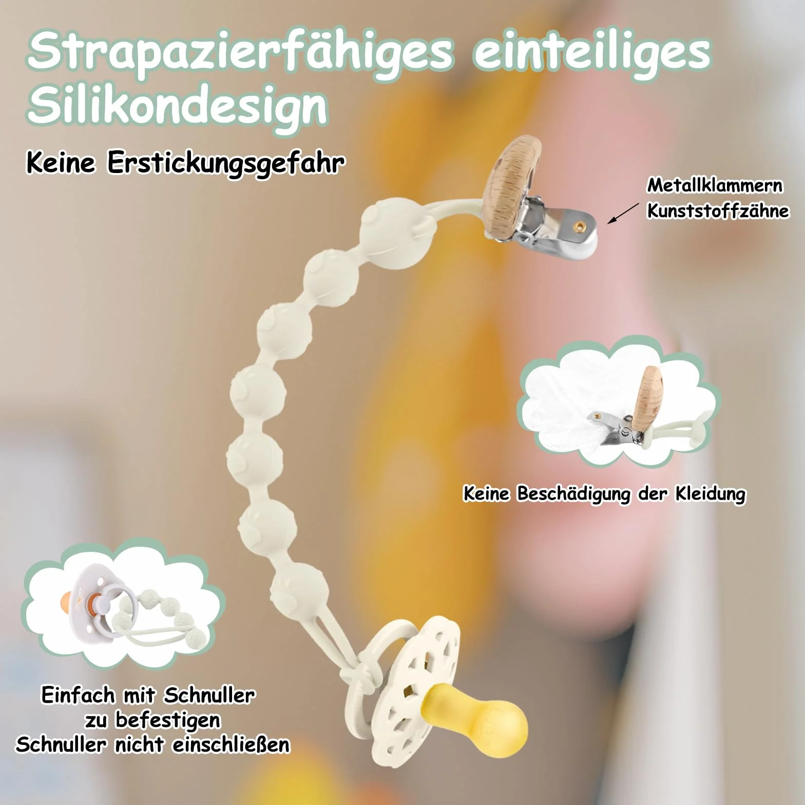 Attache Tétine Silicone Lot de 3, Chaîne Sucette Bébé sans BPA, Pacifier Clip (Gris Clair + Vert + Kaki)