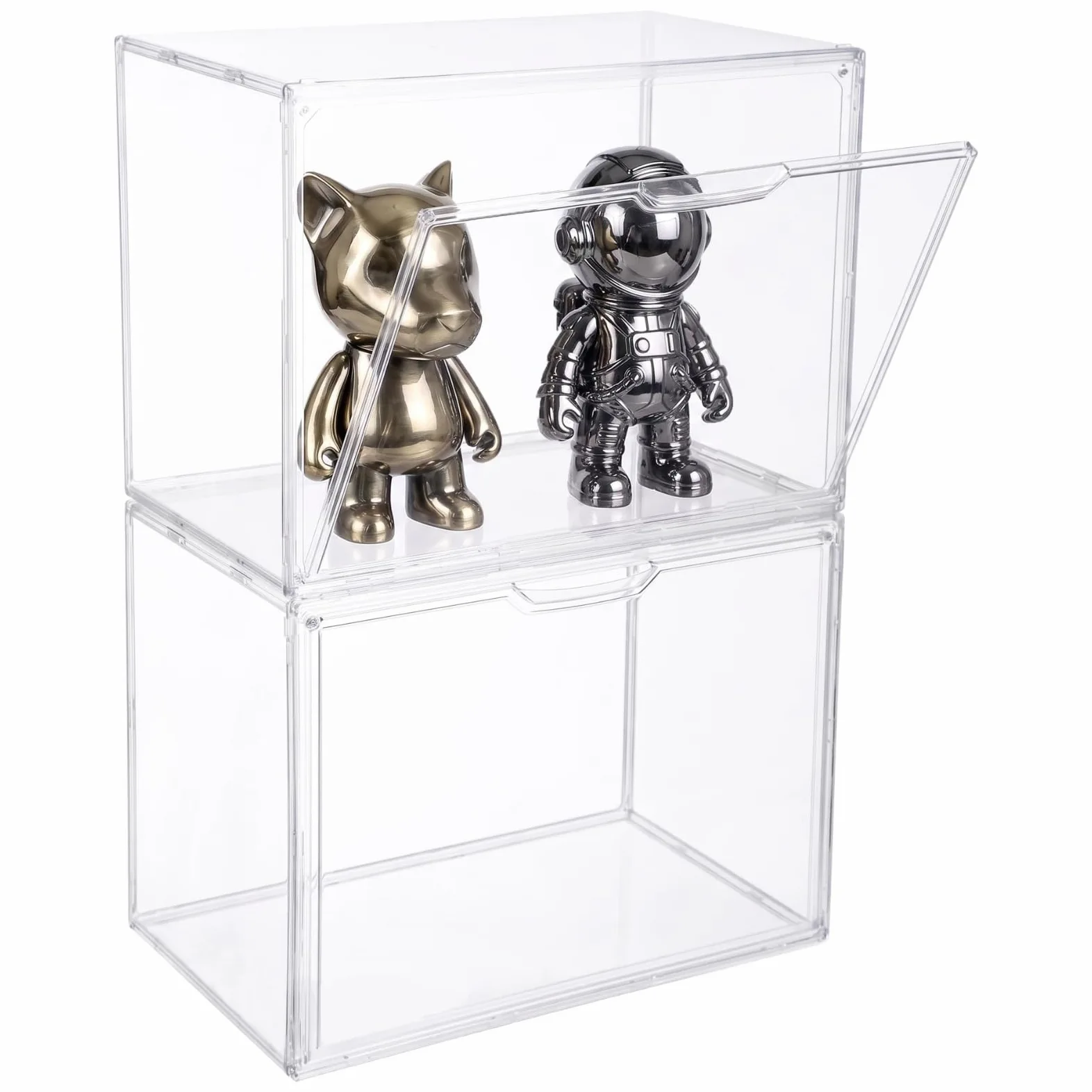 Lot de 2 présentoirs empilables en acrylique transparent avec porte d'entrée en métal - Bacs de rangement transparents à collectionner - Prend en charge l'affichage horizontal ou vertical