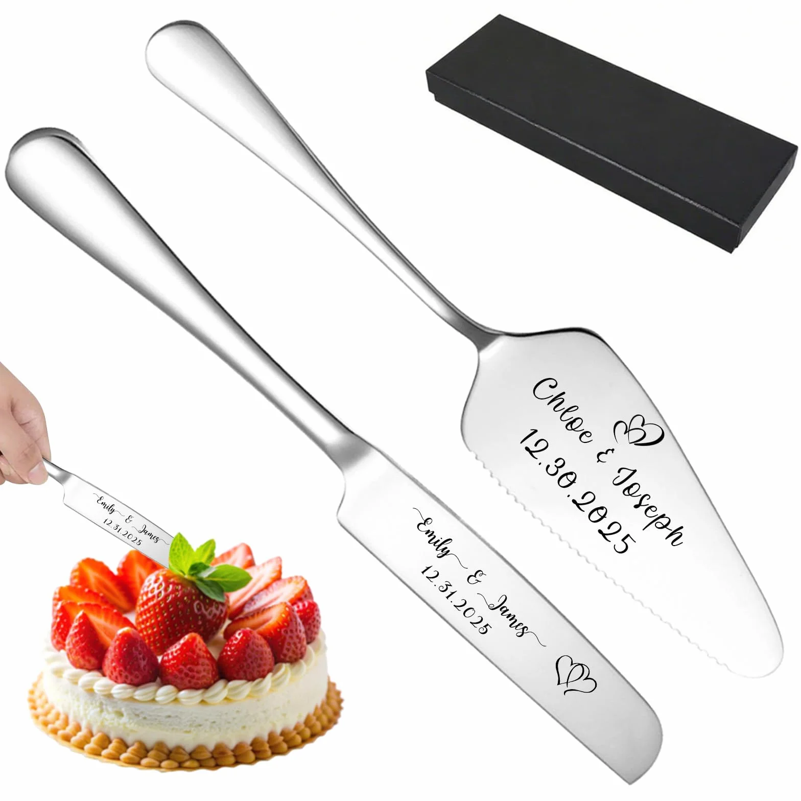 Ensemble Couteau et Pelle à Gâteau Gravés Personnalisés Mariage Cadeau Anniversaire Saint-Valentin Noël Argent